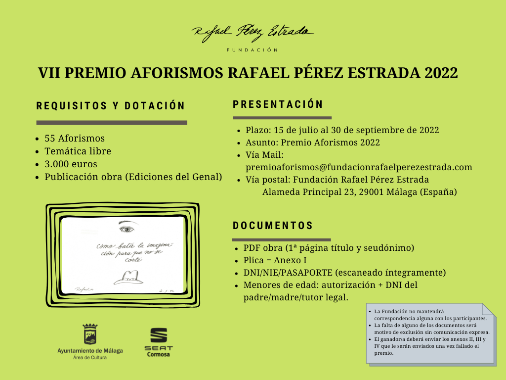 LA FUNDACIÓN PÉREZ ESTRADA CONVOCA EL VII PREMIO DE AFORISMOS 2022 (Abre en ventana nueva)