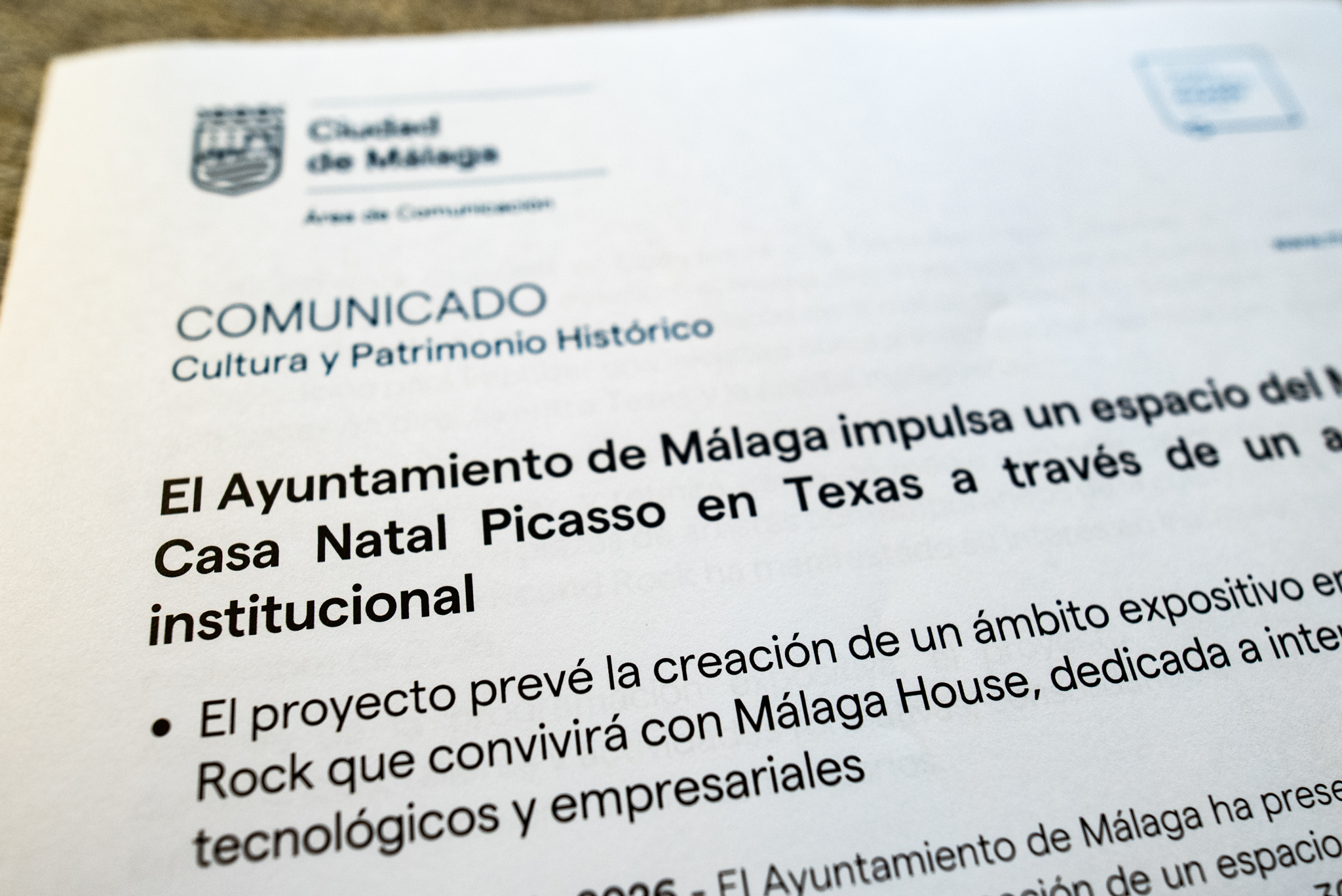 El Ayuntamiento de Málaga impulsa un espacio del Museo Casa Natal Picasso en Texas a través de un
acuerdo institucional